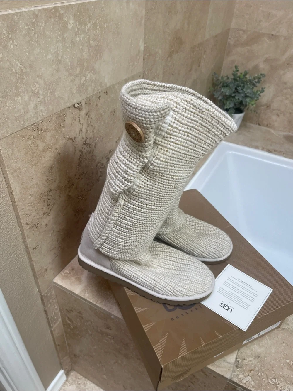 UGG Knit Button Fold-Over Boot - Cream